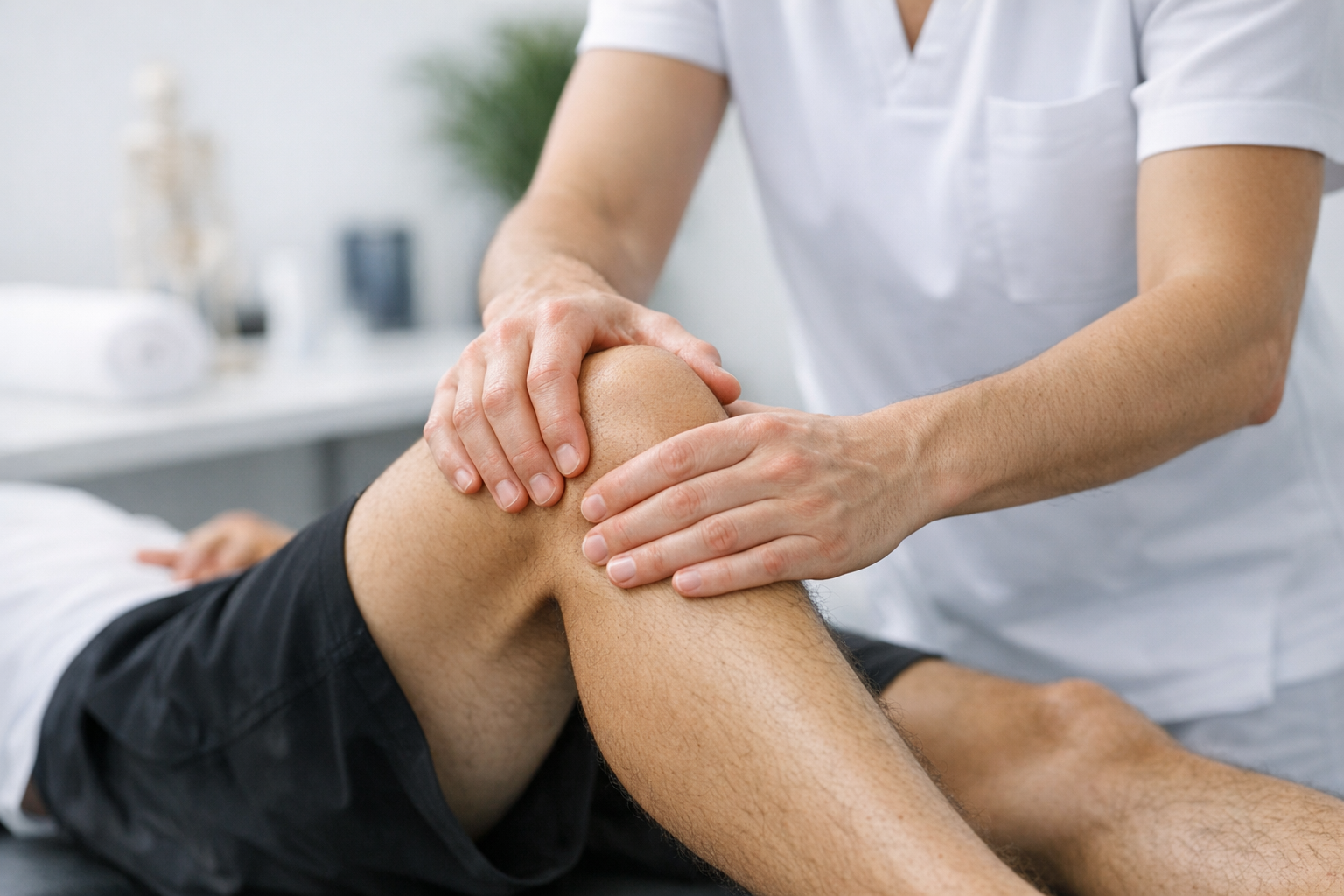 Professional physiotherapist's hands providing precise treatment in clean modern clinical setting